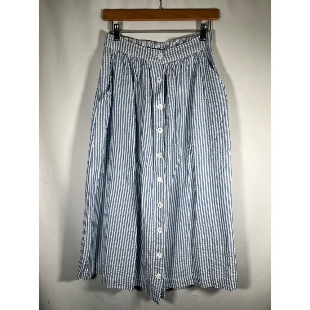 Vermont Country Store Blue White Seersucker Stripe Cotton Midi Skirt Small